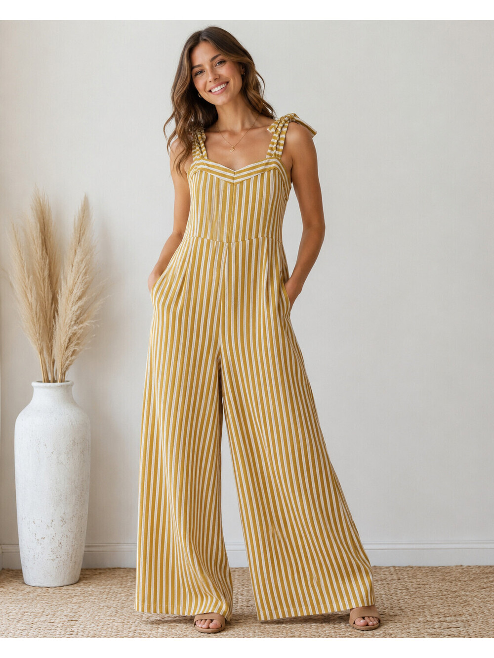 Flying Tomato Mustard and White Striped Wide Leg Jumpsuit with Tie Straps, Sz M